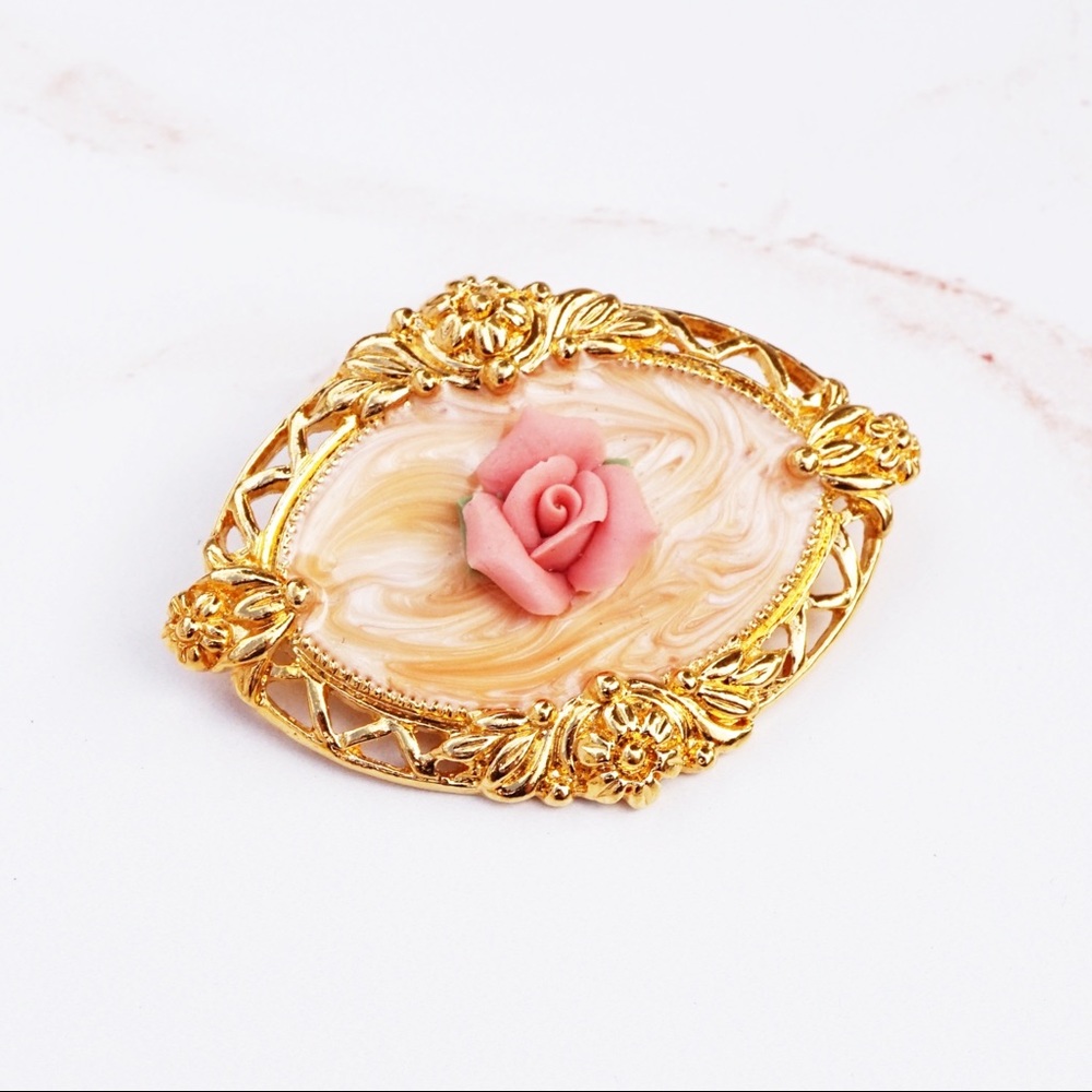 Vintage Ornate Clay Rose & Peach Enamel Plaque Brooch